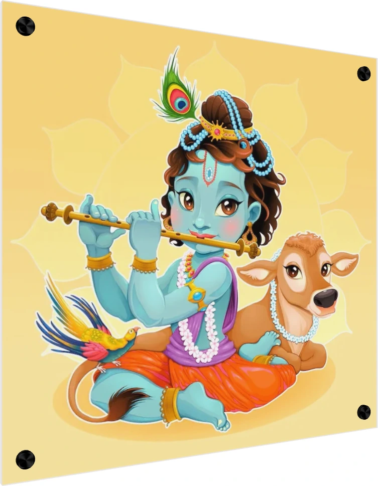 Cute digital illustration of baby Lord Krishna with blue skin playing a flute next to a small brown calf. — acrylic preview | PrintPosters.in